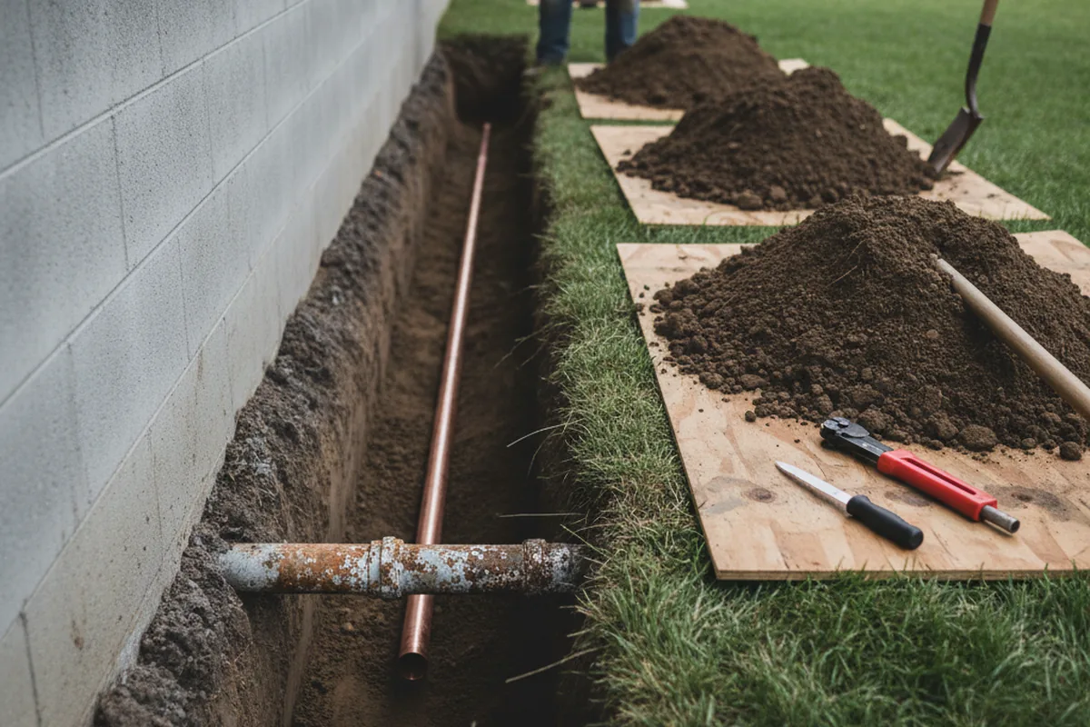 Excavated water line trench during Water Softener Installation in Bunker Hill